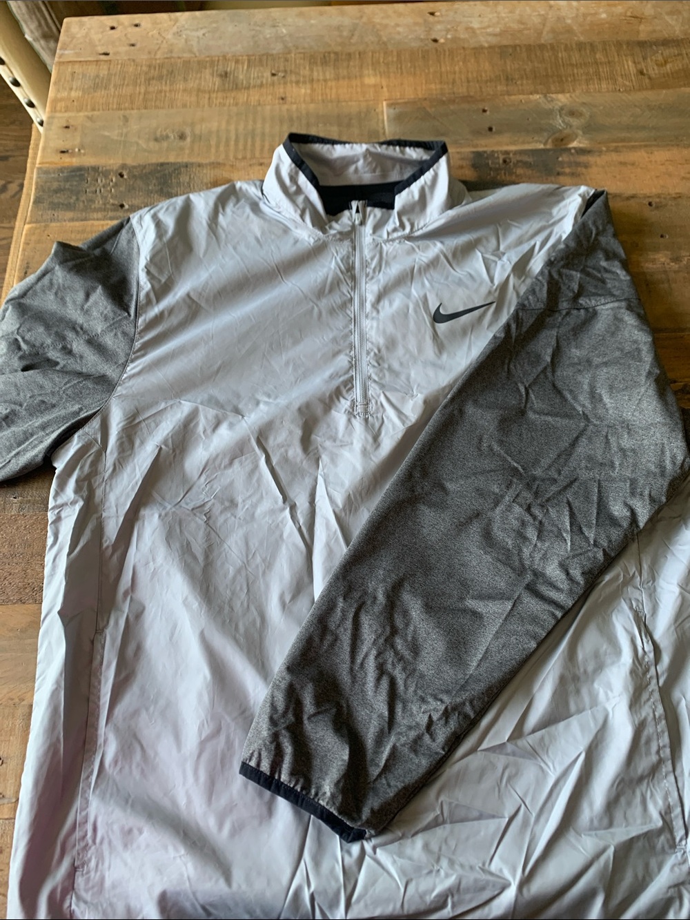 Nike White Windbreaker with Gray Sleeves and Black Swoosh